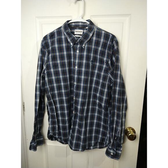 Timberland Men's L Collared Button Shirt Blue Plaid Long Sleeve preppy academia - Picture 1 of 7